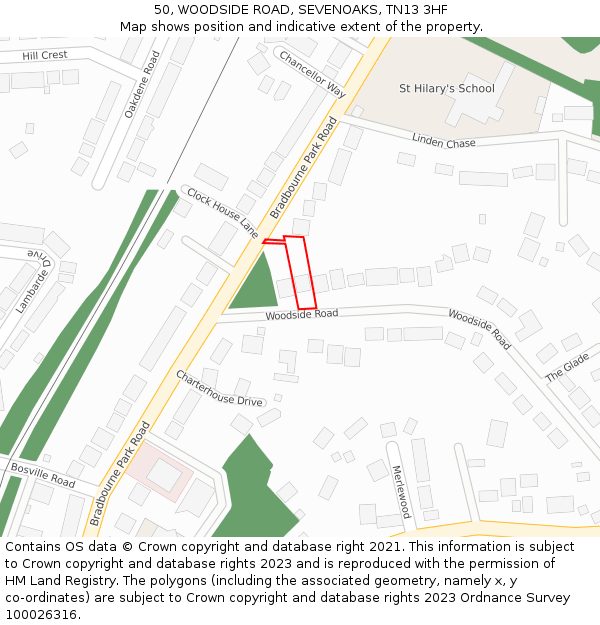 50, WOODSIDE ROAD, SEVENOAKS, TN13 3HF: Location map and indicative extent of plot