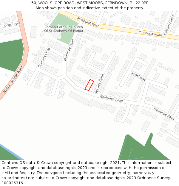 50, WOOLSLOPE ROAD, WEST MOORS, FERNDOWN, BH22 0PE: Location map and indicative extent of plot