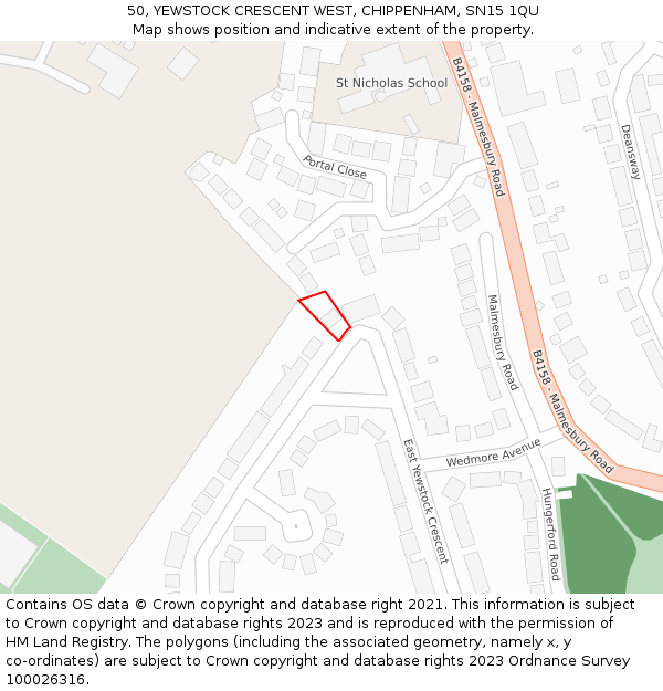 50, YEWSTOCK CRESCENT WEST, CHIPPENHAM, SN15 1QU: Location map and indicative extent of plot