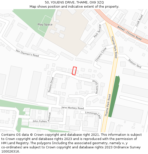 50, YOUENS DRIVE, THAME, OX9 3ZQ: Location map and indicative extent of plot