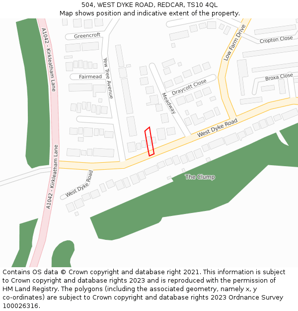 504, WEST DYKE ROAD, REDCAR, TS10 4QL: Location map and indicative extent of plot
