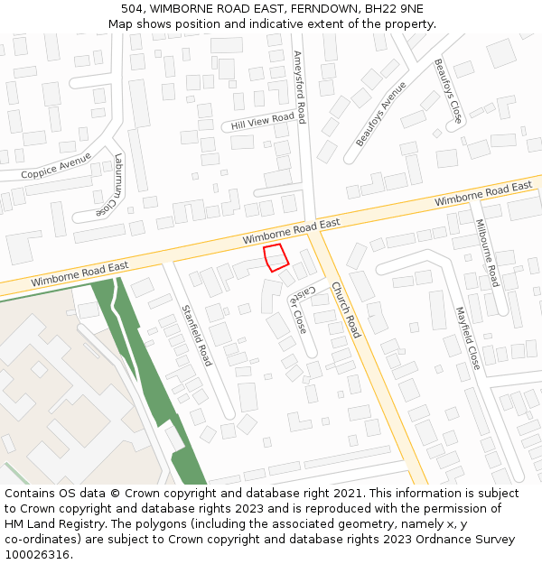 504, WIMBORNE ROAD EAST, FERNDOWN, BH22 9NE: Location map and indicative extent of plot