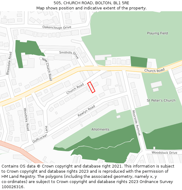 505, CHURCH ROAD, BOLTON, BL1 5RE: Location map and indicative extent of plot