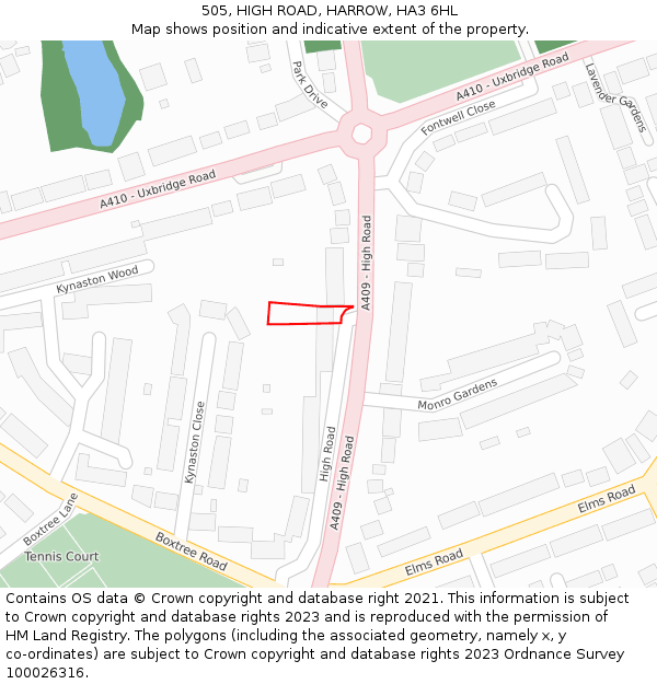 505, HIGH ROAD, HARROW, HA3 6HL: Location map and indicative extent of plot