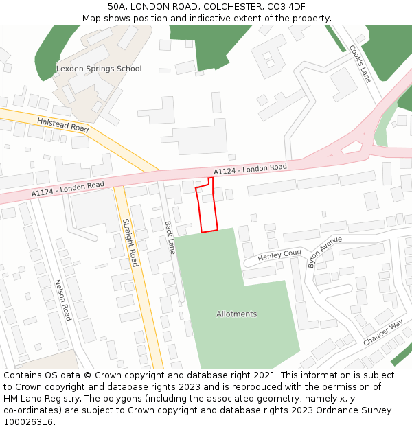 50A, LONDON ROAD, COLCHESTER, CO3 4DF: Location map and indicative extent of plot