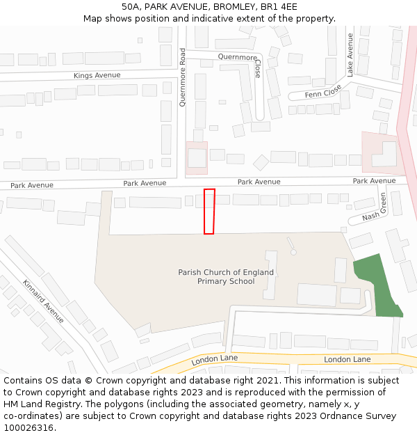 50A, PARK AVENUE, BROMLEY, BR1 4EE: Location map and indicative extent of plot
