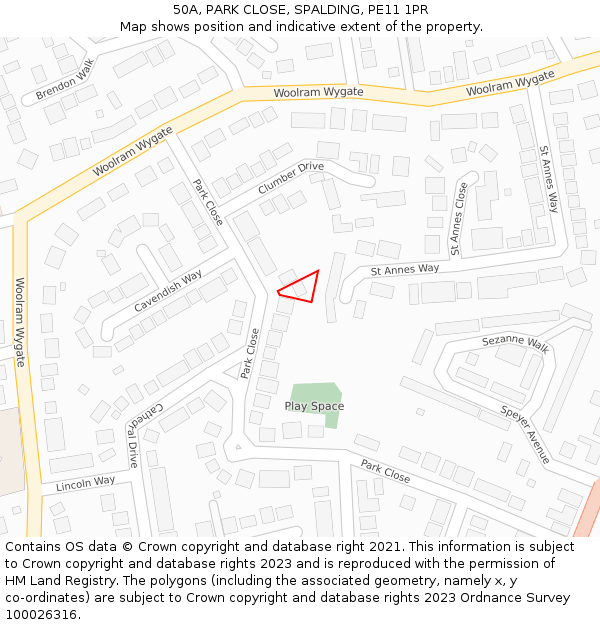 50A, PARK CLOSE, SPALDING, PE11 1PR: Location map and indicative extent of plot