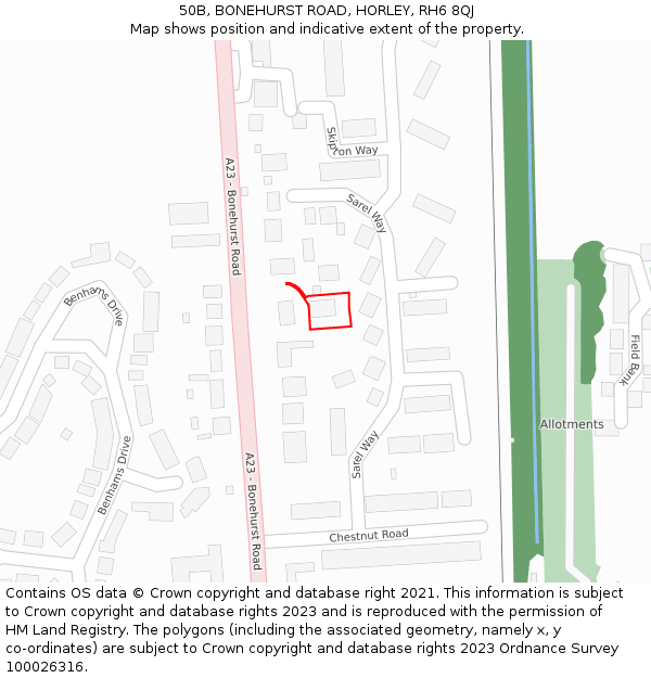 50B, BONEHURST ROAD, HORLEY, RH6 8QJ: Location map and indicative extent of plot