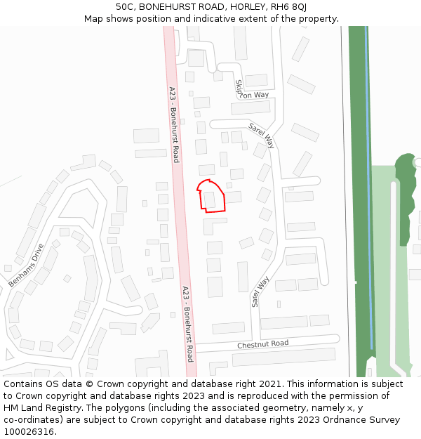 50C, BONEHURST ROAD, HORLEY, RH6 8QJ: Location map and indicative extent of plot