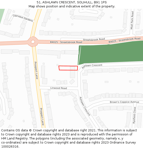 51, ASHLAWN CRESCENT, SOLIHULL, B91 1PS: Location map and indicative extent of plot