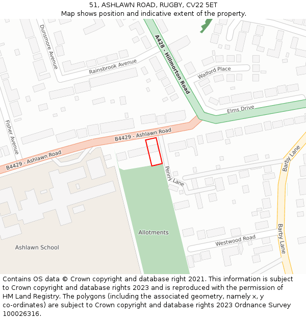 51, ASHLAWN ROAD, RUGBY, CV22 5ET: Location map and indicative extent of plot