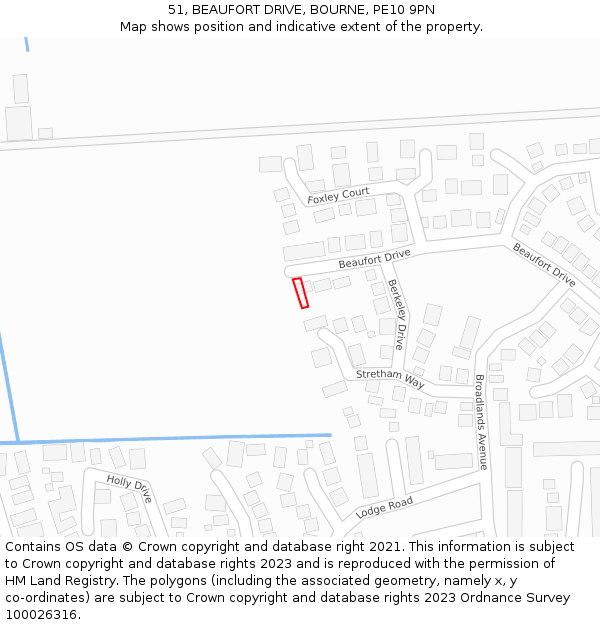 51, BEAUFORT DRIVE, BOURNE, PE10 9PN: Location map and indicative extent of plot