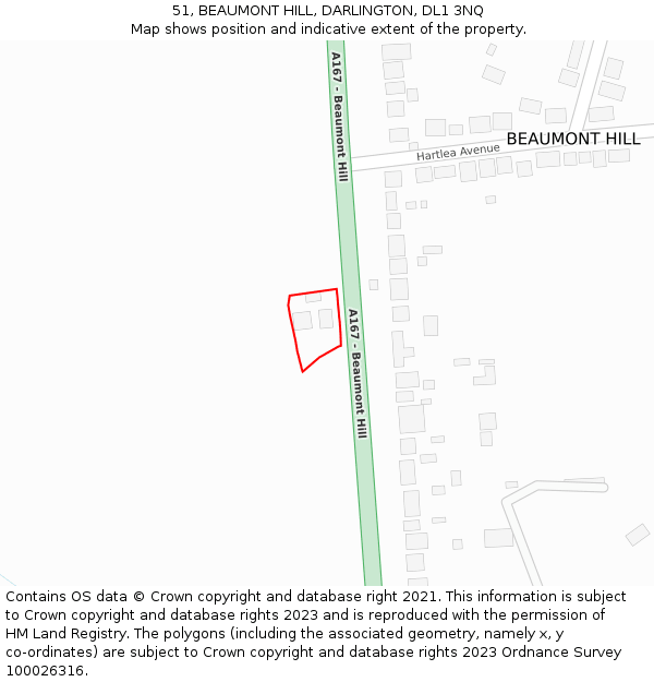 51, BEAUMONT HILL, DARLINGTON, DL1 3NQ: Location map and indicative extent of plot