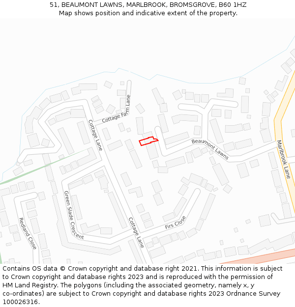 51, BEAUMONT LAWNS, MARLBROOK, BROMSGROVE, B60 1HZ: Location map and indicative extent of plot