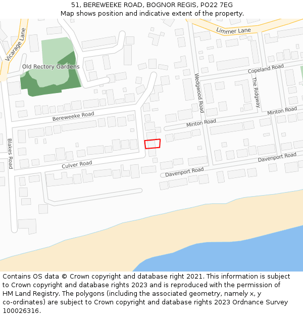 51, BEREWEEKE ROAD, BOGNOR REGIS, PO22 7EG: Location map and indicative extent of plot