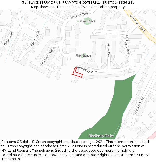 51, BLACKBERRY DRIVE, FRAMPTON COTTERELL, BRISTOL, BS36 2SL: Location map and indicative extent of plot