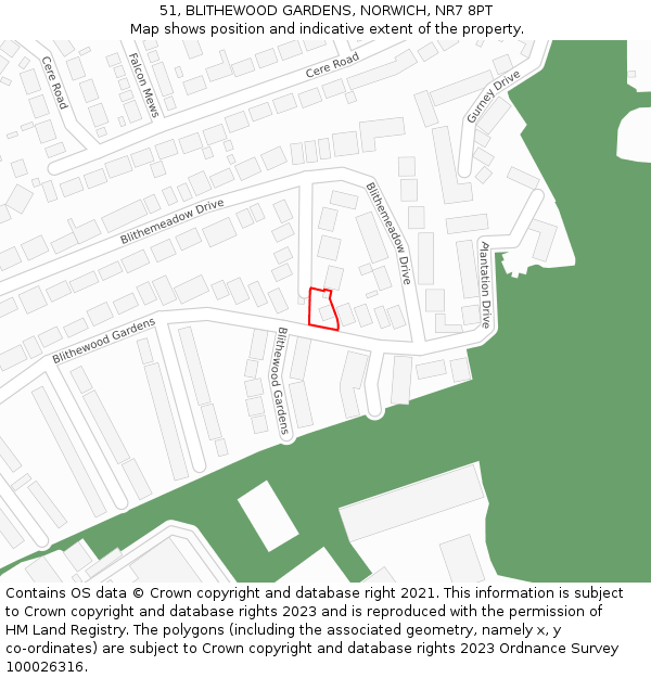 51, BLITHEWOOD GARDENS, NORWICH, NR7 8PT: Location map and indicative extent of plot