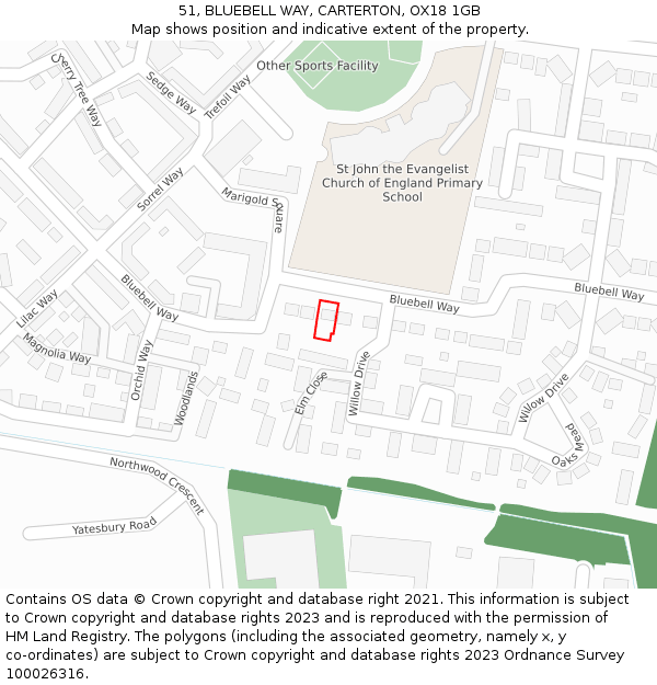 51, BLUEBELL WAY, CARTERTON, OX18 1GB: Location map and indicative extent of plot