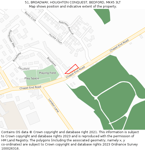 51, BROADWAY, HOUGHTON CONQUEST, BEDFORD, MK45 3LT: Location map and indicative extent of plot