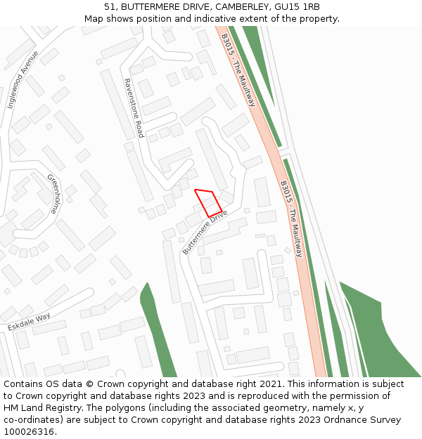 51, BUTTERMERE DRIVE, CAMBERLEY, GU15 1RB: Location map and indicative extent of plot