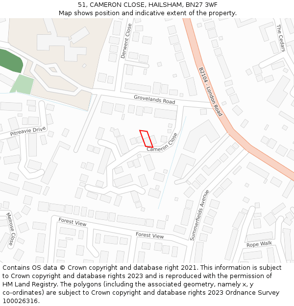 51, CAMERON CLOSE, HAILSHAM, BN27 3WF: Location map and indicative extent of plot