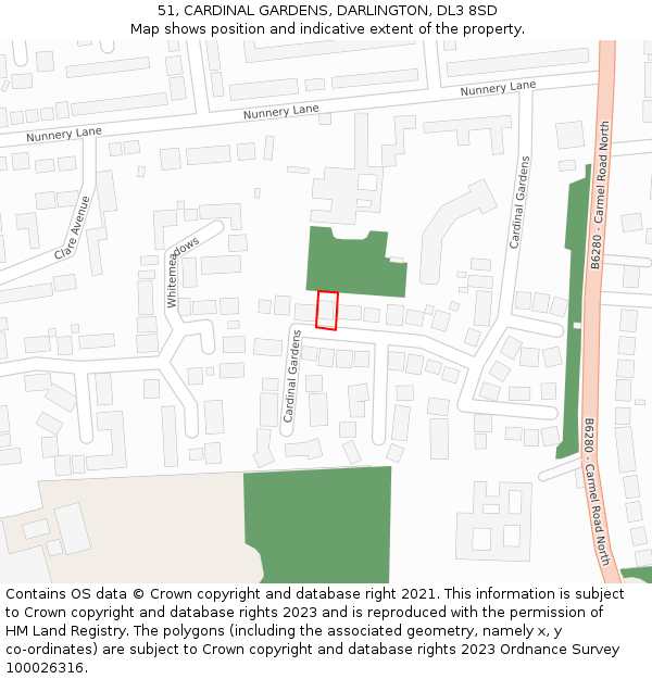 51, CARDINAL GARDENS, DARLINGTON, DL3 8SD: Location map and indicative extent of plot