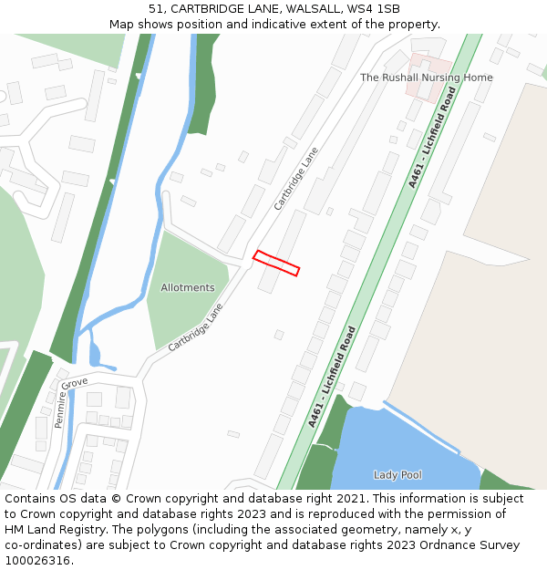 51, CARTBRIDGE LANE, WALSALL, WS4 1SB: Location map and indicative extent of plot