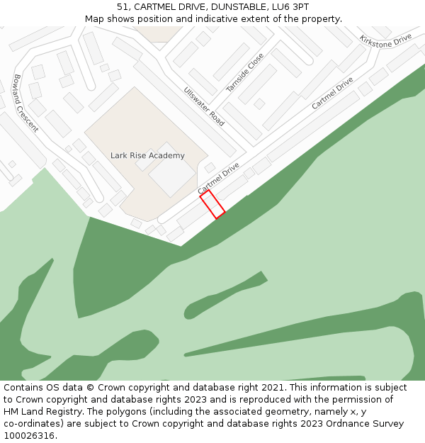 51, CARTMEL DRIVE, DUNSTABLE, LU6 3PT: Location map and indicative extent of plot