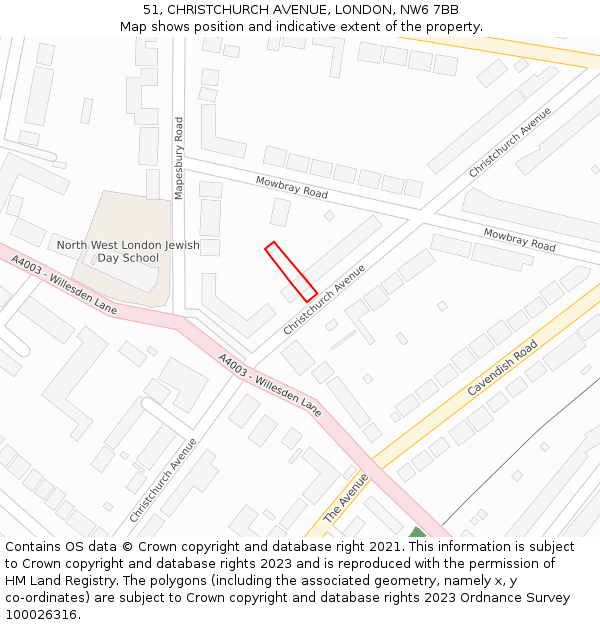 51, CHRISTCHURCH AVENUE, LONDON, NW6 7BB: Location map and indicative extent of plot