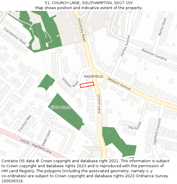 51, CHURCH LANE, SOUTHAMPTON, SO17 1SY: Location map and indicative extent of plot