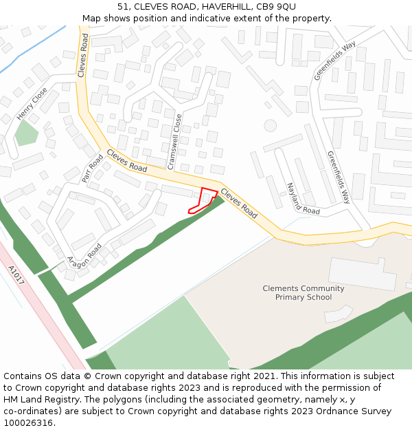 51, CLEVES ROAD, HAVERHILL, CB9 9QU: Location map and indicative extent of plot