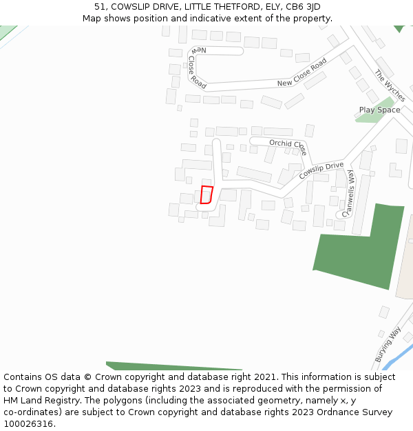 51, COWSLIP DRIVE, LITTLE THETFORD, ELY, CB6 3JD: Location map and indicative extent of plot