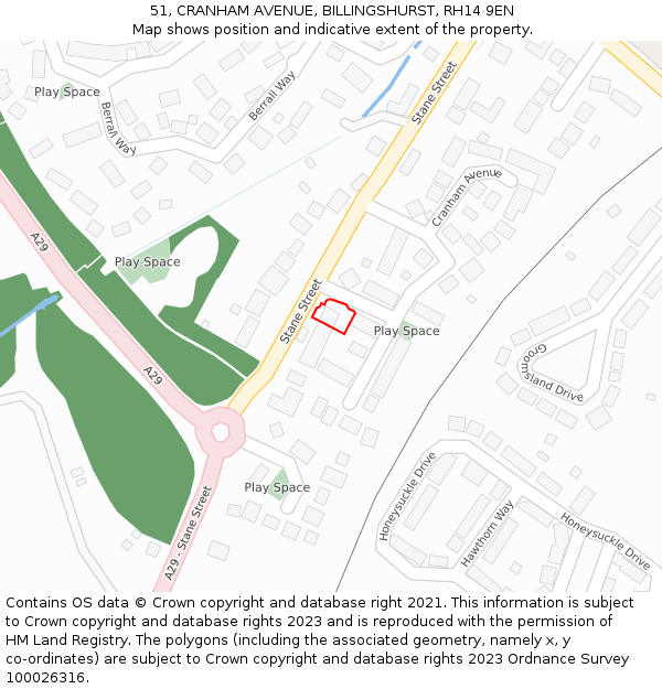 51, CRANHAM AVENUE, BILLINGSHURST, RH14 9EN: Location map and indicative extent of plot