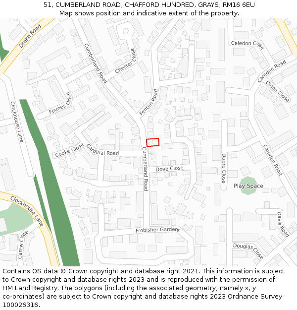 51, CUMBERLAND ROAD, CHAFFORD HUNDRED, GRAYS, RM16 6EU: Location map and indicative extent of plot