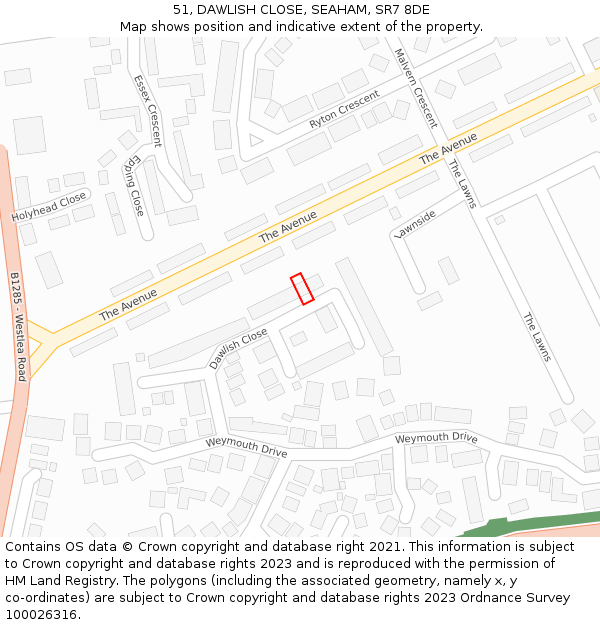 51, DAWLISH CLOSE, SEAHAM, SR7 8DE: Location map and indicative extent of plot