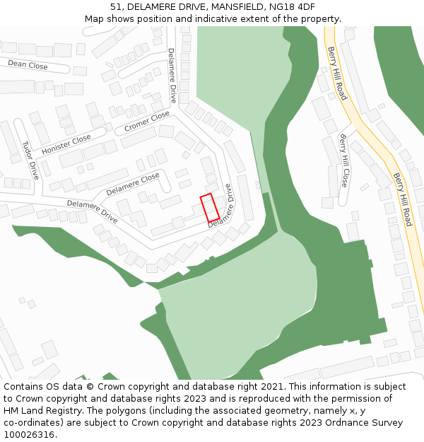 51, DELAMERE DRIVE, MANSFIELD, NG18 4DF: Location map and indicative extent of plot