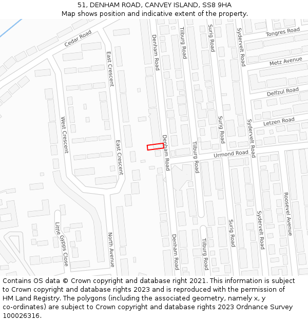 51, DENHAM ROAD, CANVEY ISLAND, SS8 9HA: Location map and indicative extent of plot