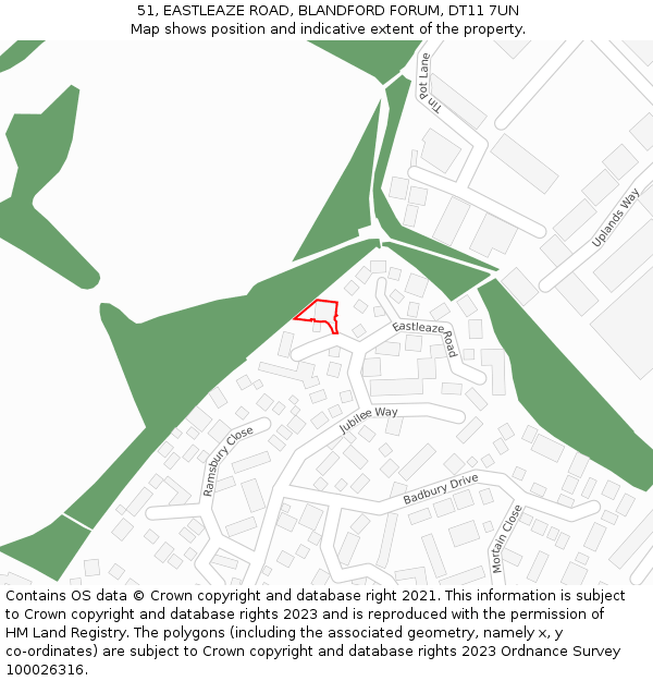 51, EASTLEAZE ROAD, BLANDFORD FORUM, DT11 7UN: Location map and indicative extent of plot