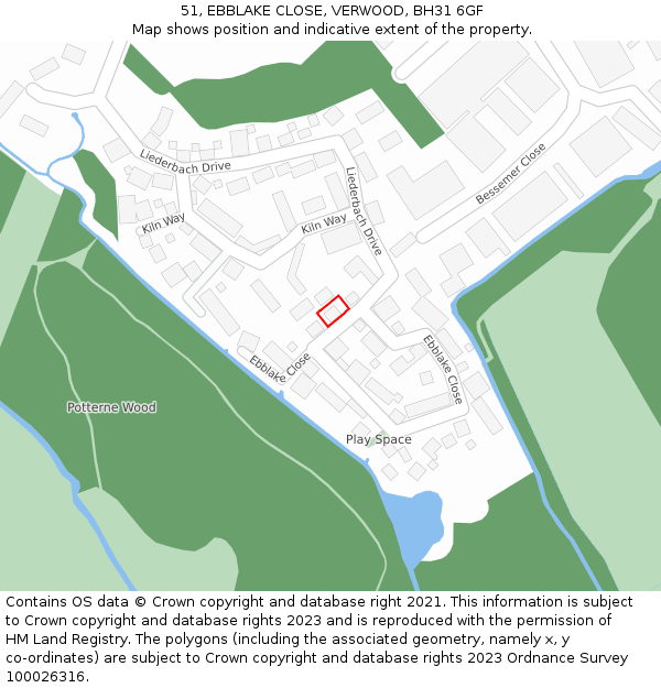 51, EBBLAKE CLOSE, VERWOOD, BH31 6GF: Location map and indicative extent of plot