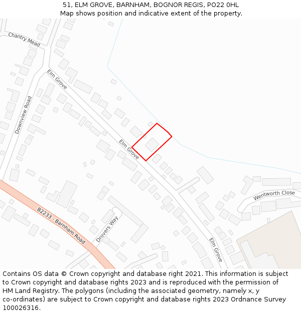 51, ELM GROVE, BARNHAM, BOGNOR REGIS, PO22 0HL: Location map and indicative extent of plot