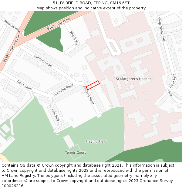 51, FAIRFIELD ROAD, EPPING, CM16 6ST: Location map and indicative extent of plot