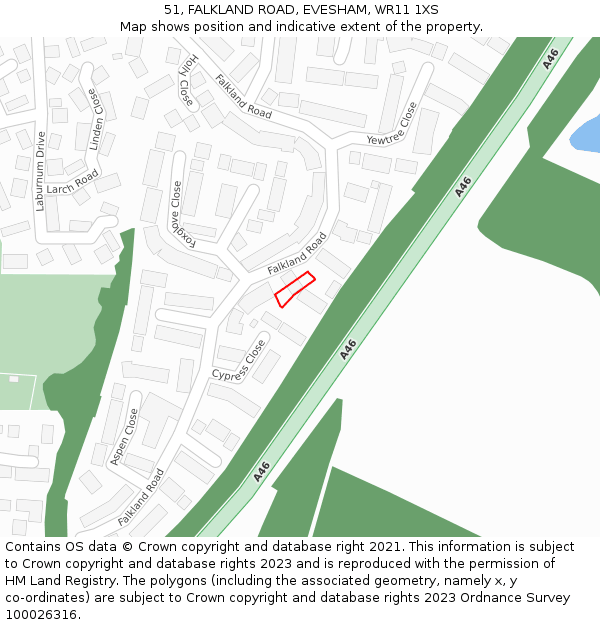 51, FALKLAND ROAD, EVESHAM, WR11 1XS: Location map and indicative extent of plot