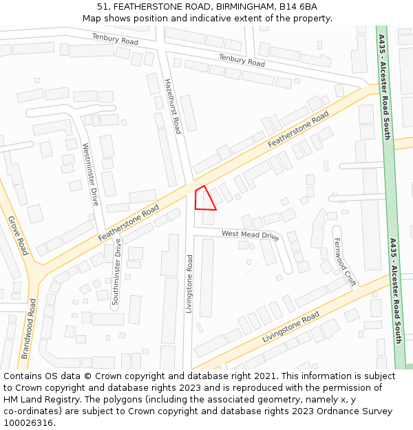 51, FEATHERSTONE ROAD, BIRMINGHAM, B14 6BA: Location map and indicative extent of plot