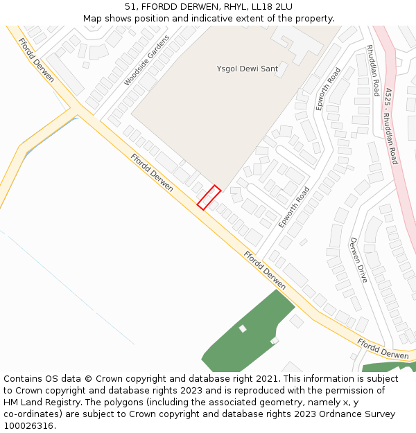 51, FFORDD DERWEN, RHYL, LL18 2LU: Location map and indicative extent of plot