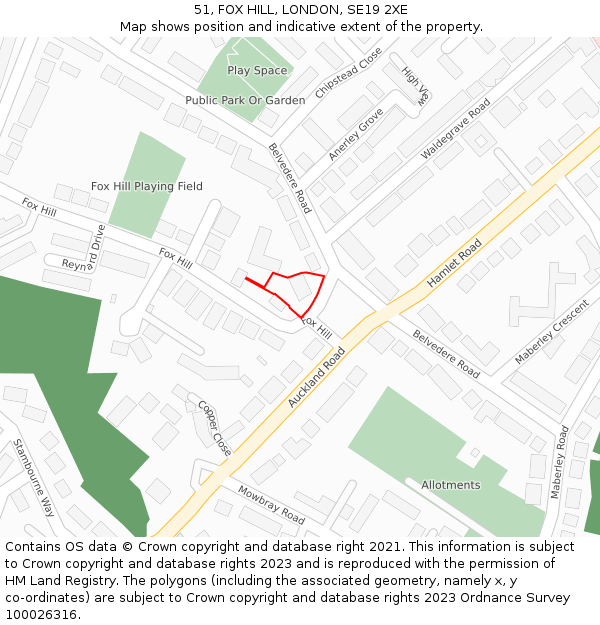 51, FOX HILL, LONDON, SE19 2XE: Location map and indicative extent of plot
