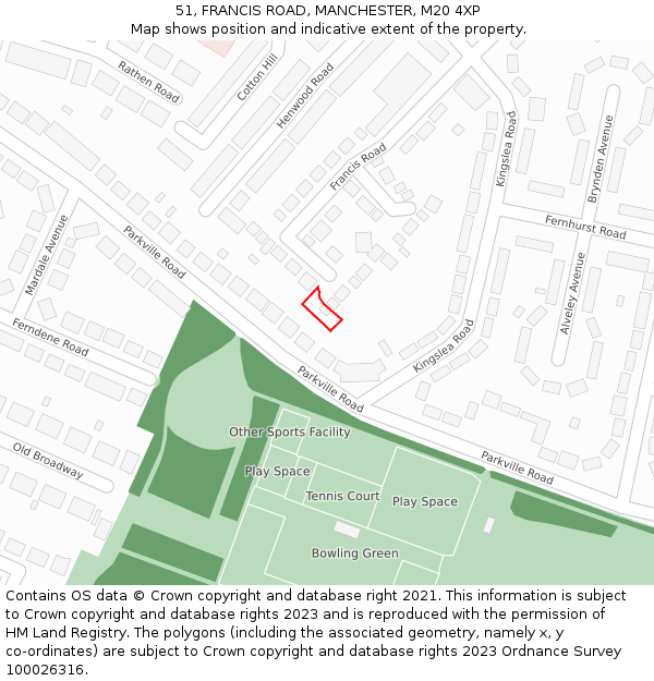 51, FRANCIS ROAD, MANCHESTER, M20 4XP: Location map and indicative extent of plot
