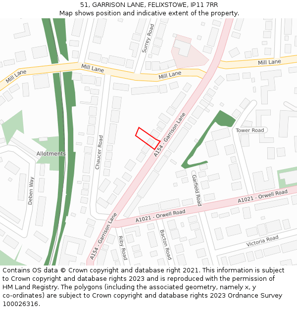 51, GARRISON LANE, FELIXSTOWE, IP11 7RR: Location map and indicative extent of plot