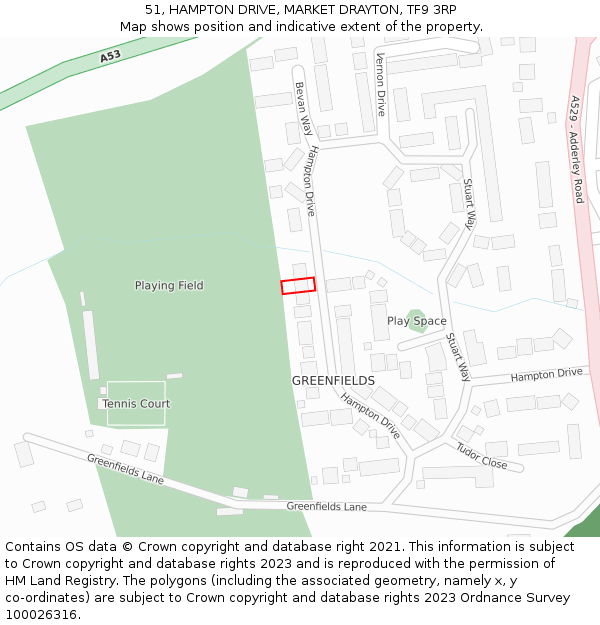 51, HAMPTON DRIVE, MARKET DRAYTON, TF9 3RP: Location map and indicative extent of plot