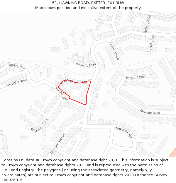 51, HAWKINS ROAD, EXETER, EX1 3UW: Location map and indicative extent of plot