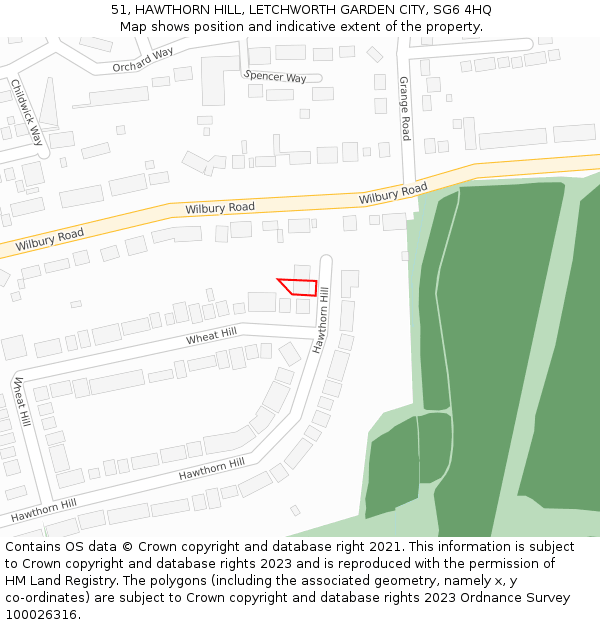 51, HAWTHORN HILL, LETCHWORTH GARDEN CITY, SG6 4HQ: Location map and indicative extent of plot